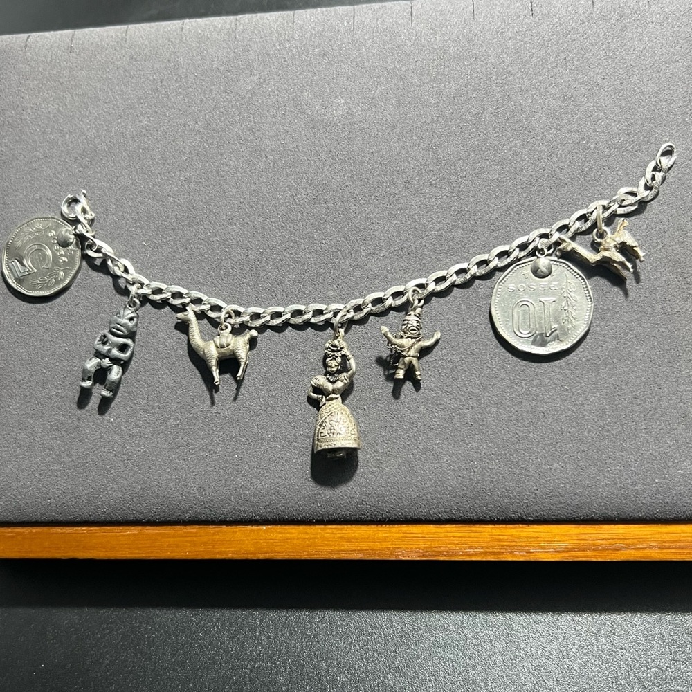 Vtg Argentina Charm Bracelet Sterling Silver 7 Charms Articulated Latin Figure